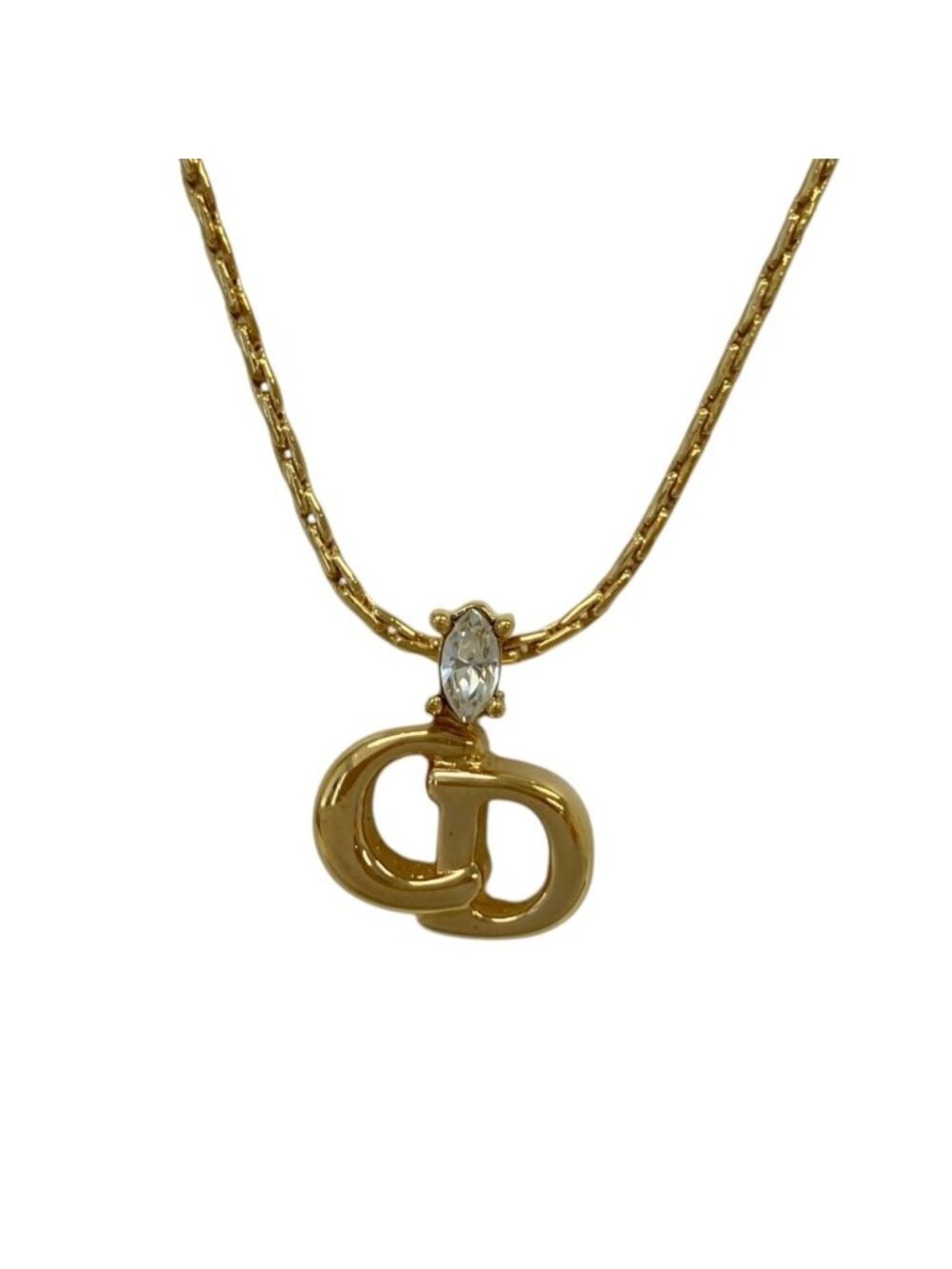 Dior Vintage Rhinestone CD Chain Necklace Gold Colored